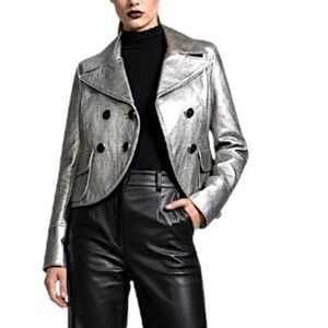 Andy The Ahn designer metallic silver Italian leather cropped trench coat 0